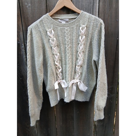 Foward Oatmeal Knit‎ Sweater With Braided Pink Satin Ribbons L - Picture 3 of 7